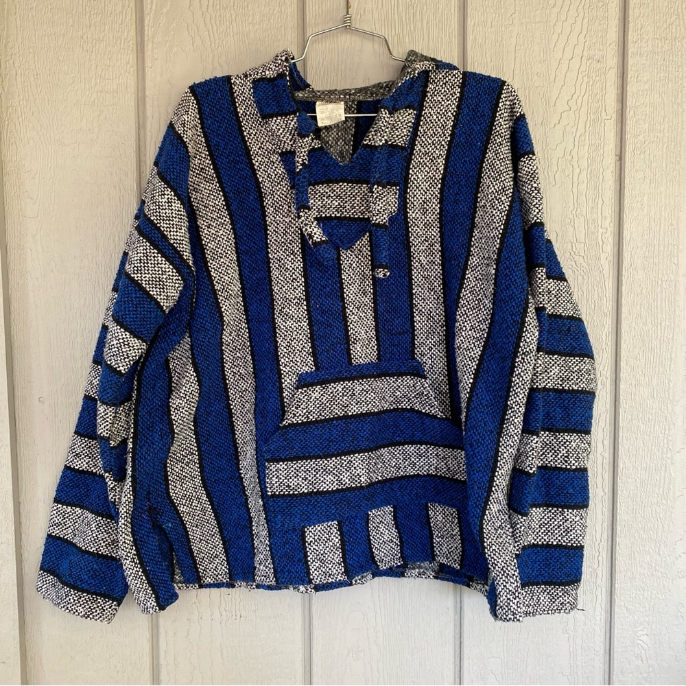 Women’s Baja Hoodie Blue White 90’s college and West Coast look in size LG.
